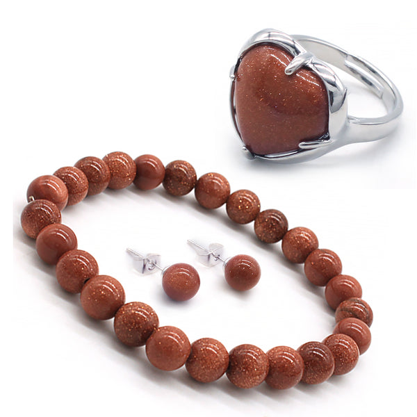 Natural Stone Heart Shape Gemstone Ring Bracelet nd Earrings Jewelry Set