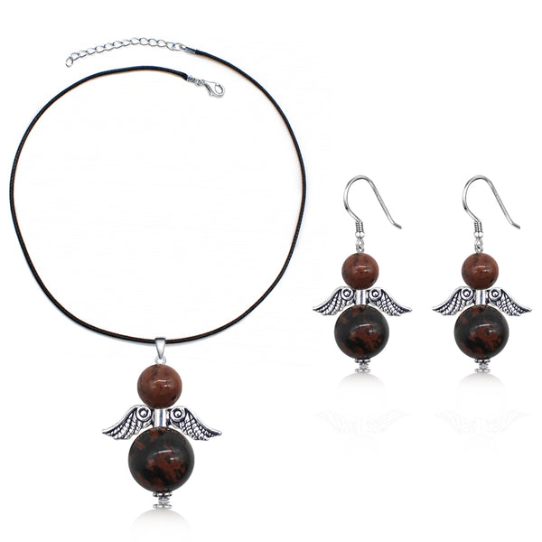 Angel Wings Round Stone Necklace and Earrings Jewelry Set with Leather Chain
