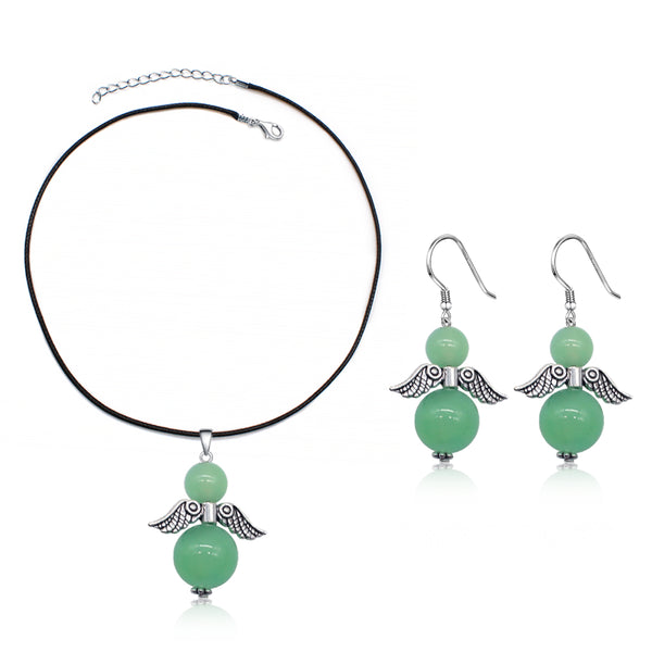 Angel Wings Round Stone Necklace and Earrings Jewelry Set with Leather Chain