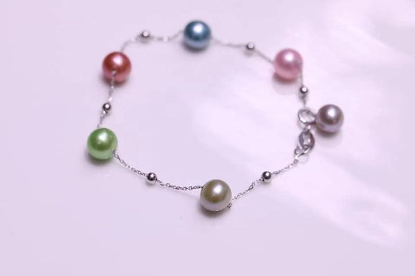 925 Sterling Silver Chains 6-8 MM Natural Freshwater Round Pearls Adjustable Bracelet