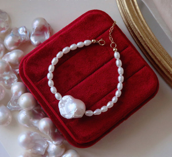 Gorgeous 25MM Length Big Baroque Pearl Pendant White Rice Pearl Natural Freshwater Pearl Bracelet for Female Gift