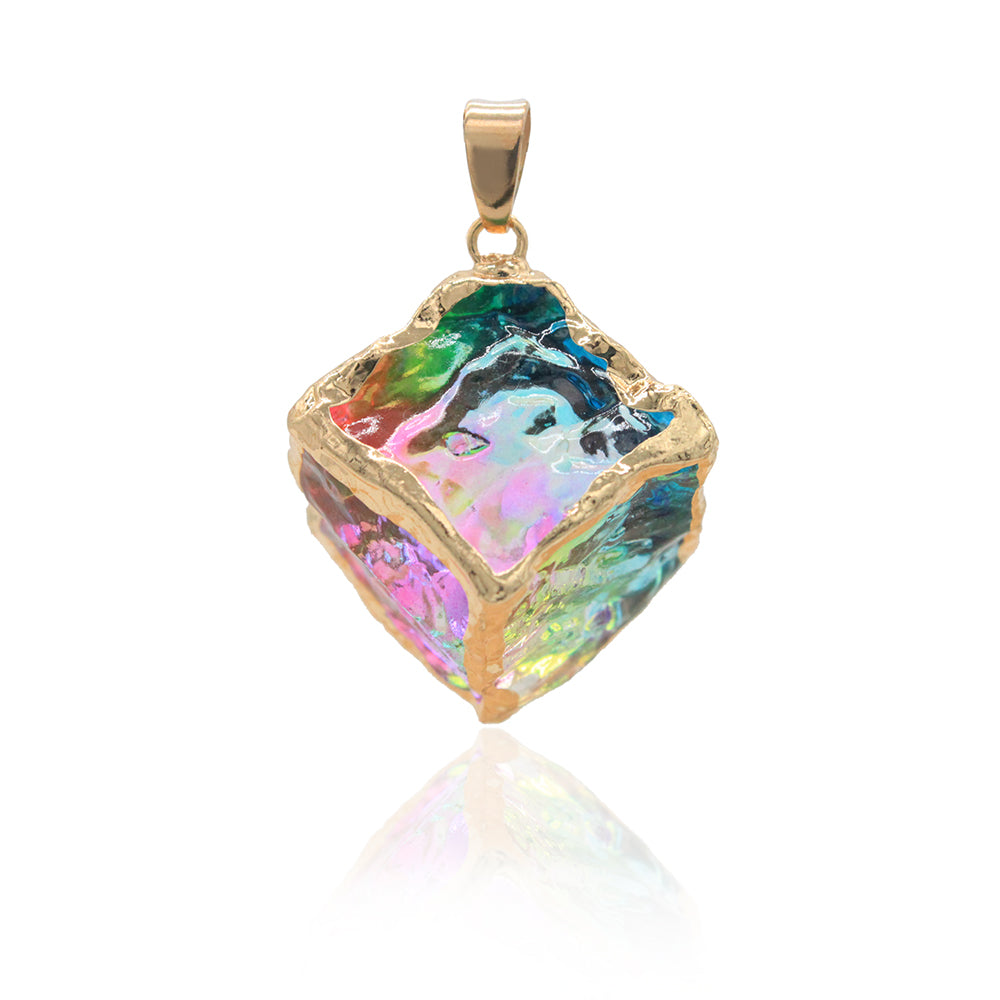 Colorful Cube Crystal Quartz Pendant with Gold Edge Fit Handmade Jewelry
