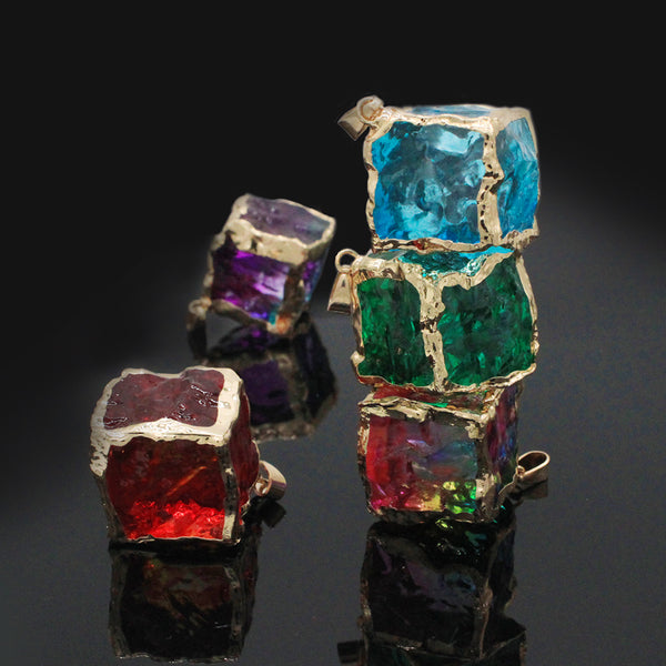 Colorful Cube Crystal Quartz Pendant with Gold Edge Fit Handmade Jewelry