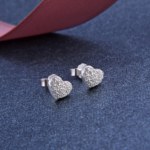 925 Sterling Silver Rhinestone Heart Shape Stud Earrings Lovely Cute Jewelry