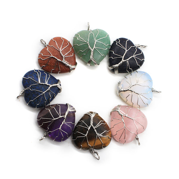 Natural Stone Life Tree Heart Gemstone Pendant Various Colors Available Fit DIY Jewelry