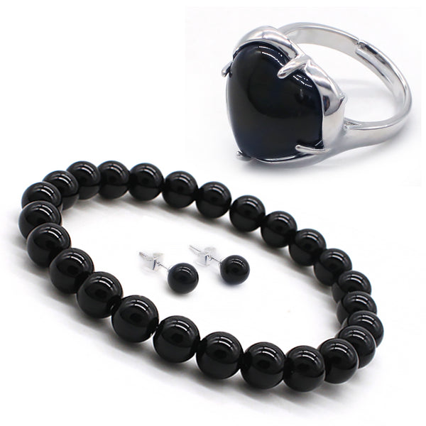 Natural Stone Heart Shape Gemstone Ring Bracelet nd Earrings Jewelry Set