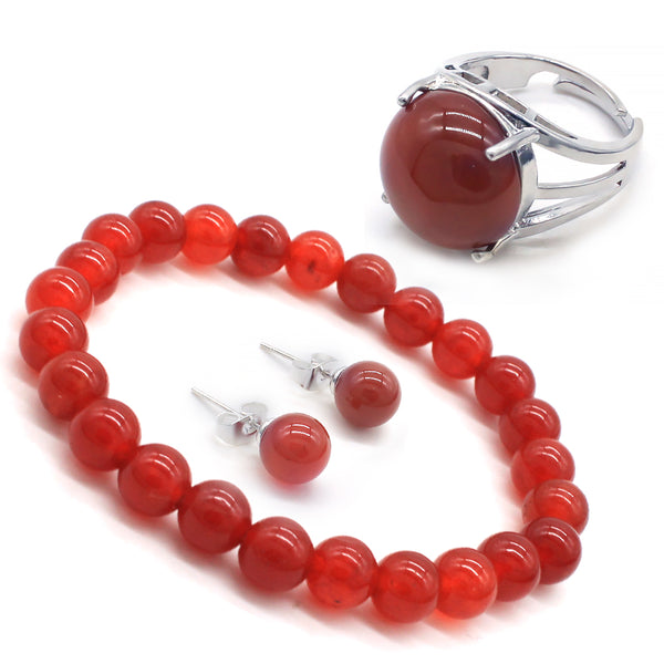 Natural Stone Jewelry Set Round Gemstone Ring Bracelet and Earrings Set