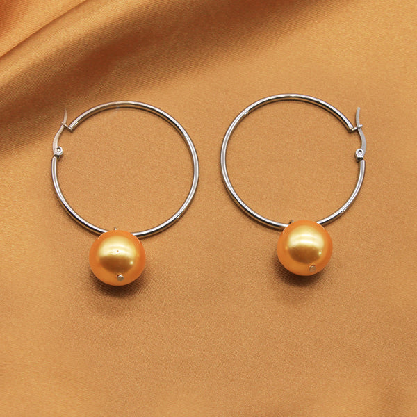 Trendy Stainless Steel Shell Pearl Hoop Earrings 16MM Female Handmade Jewelry for Party and Daily Wear