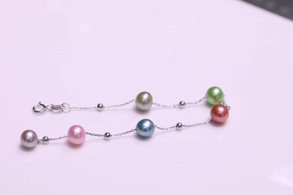 925 Sterling Silver Chains 6-8 MM Natural Freshwater Round Pearls Adjustable Bracelet