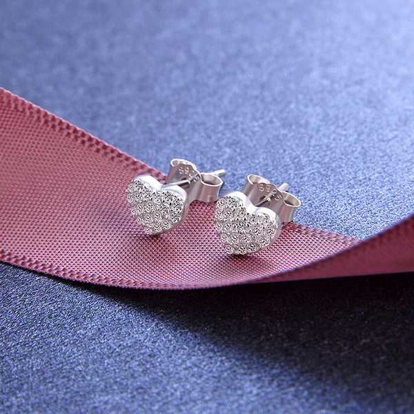 925 Sterling Silver Rhinestone Heart Shape Stud Earrings Lovely Cute Jewelry